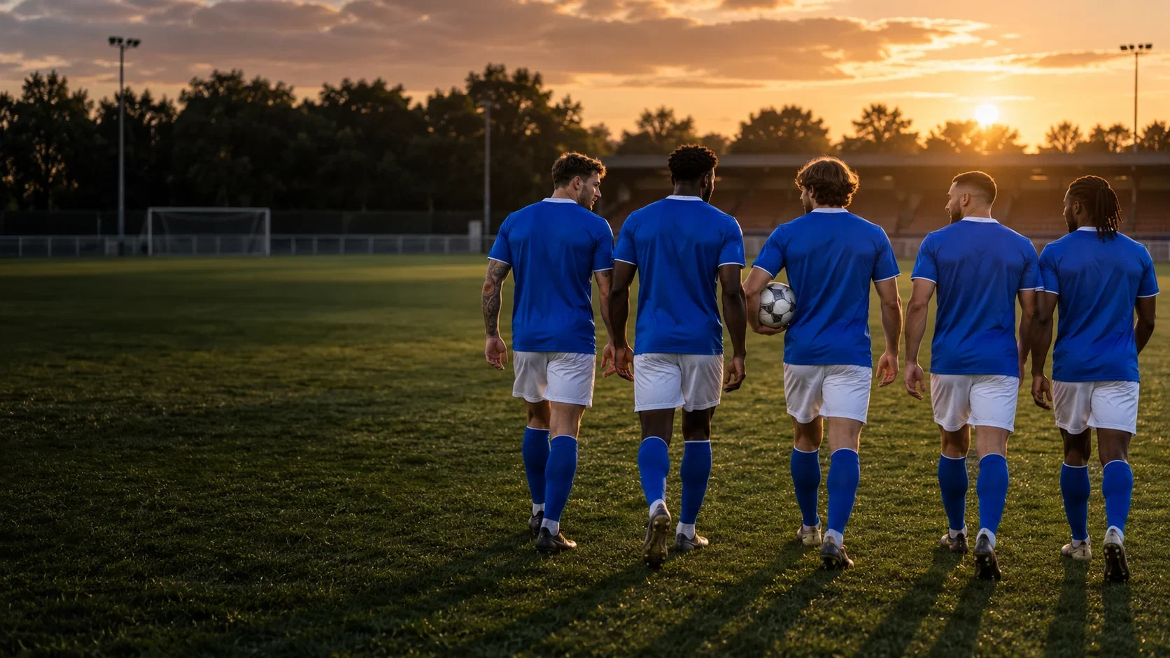 Illustrative editorial image of soccer teammates in matching blue kits walking onto a pitch